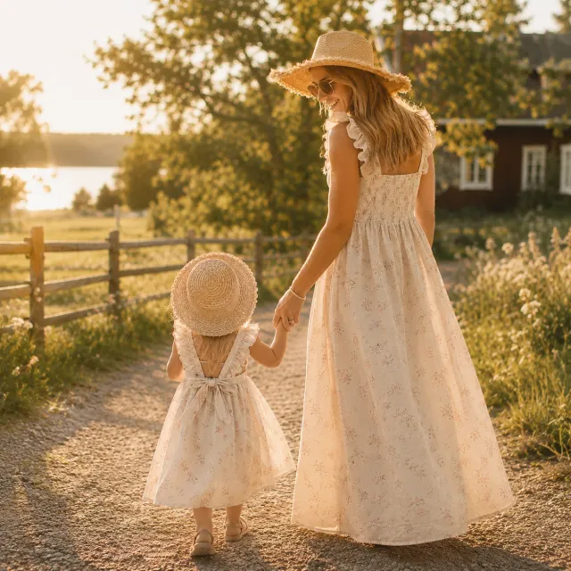 Kuvitus äidistä ja tyttärestä yhteensopivissa salvianvihreissä asuissa
